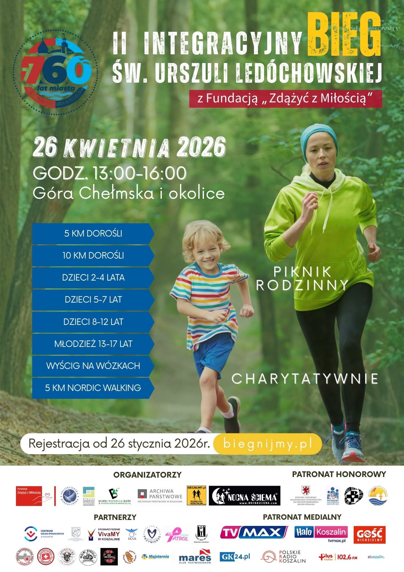 Plakat z zaproszeniem na II Integracyjny Bieg św. Urszuli Ledóchowskiej 26 kwietnia 2026