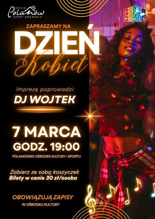 Plakat z zaproszeniem na Dzień Kobiet w Polanowie 7 marca 2026