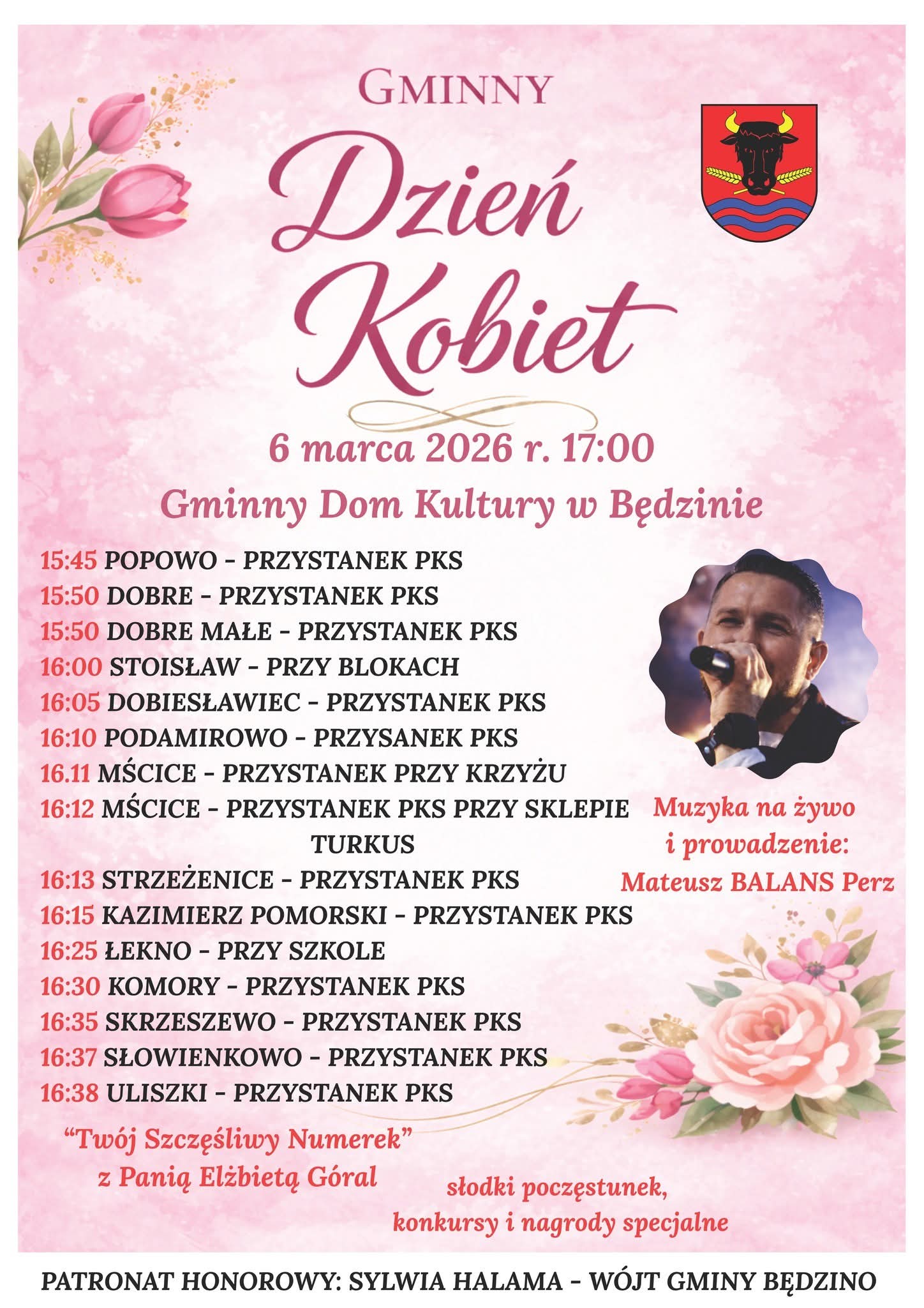 Plakat z zaproszeniem na Gminny Dzień Kobiet w Będzinie 6 marca 2026