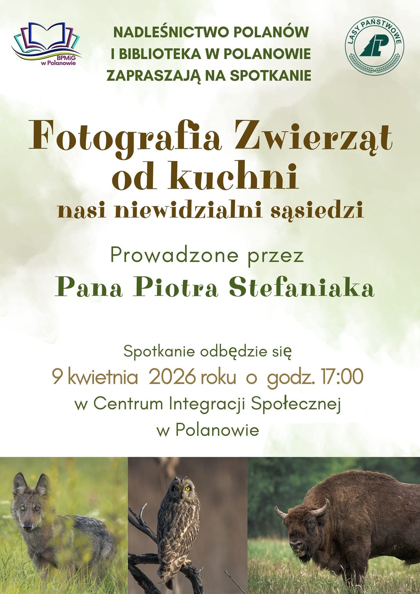 Plakat z zaproszeniem do udziału w spotkaniu z fotografią zwierząt 9 kwietnia 2026 Polanów