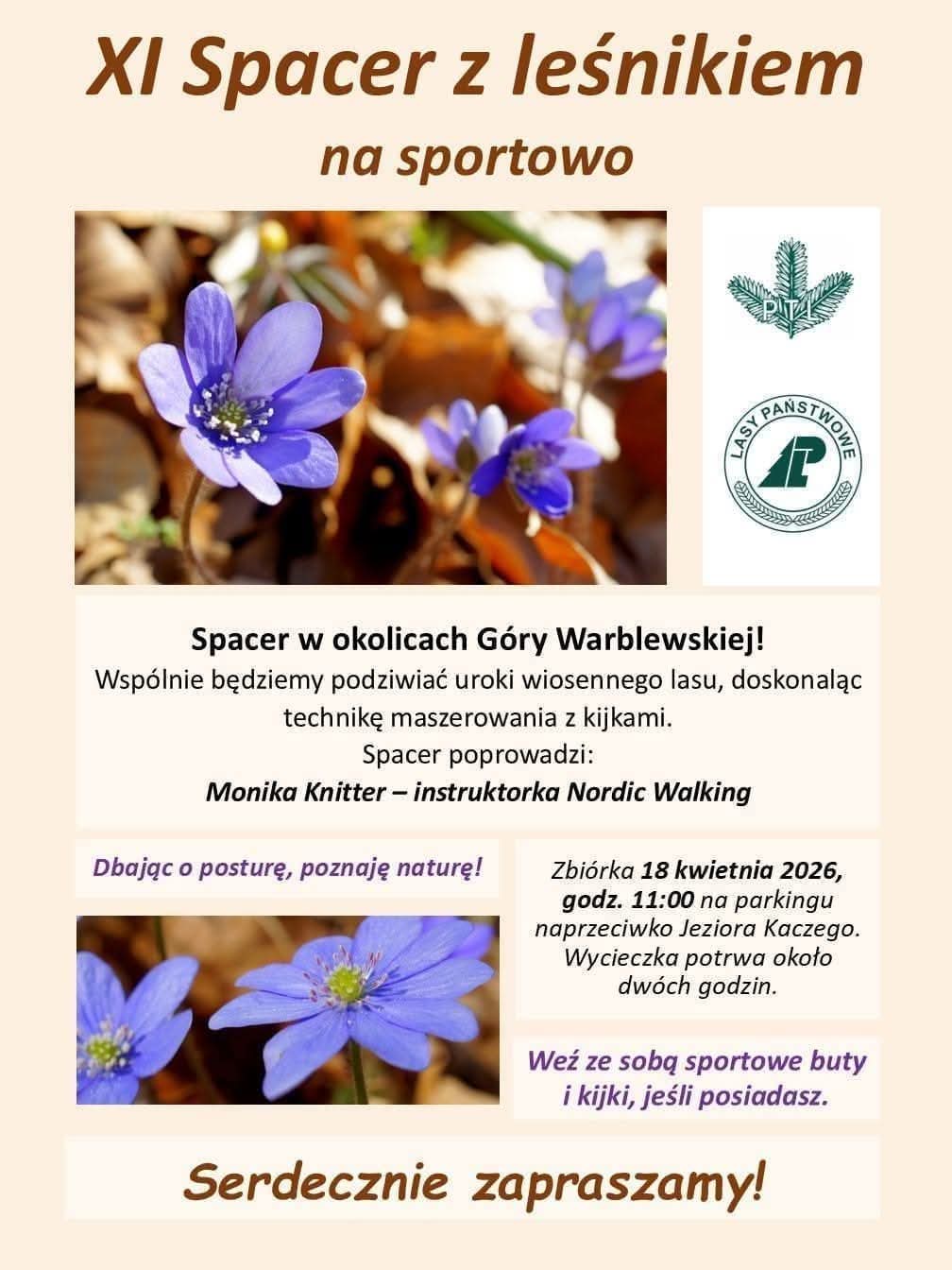 Plakat z zaproszeniem na 11 spacer z leśnikiem na sportowo w okolicach Góry Warblewskiej