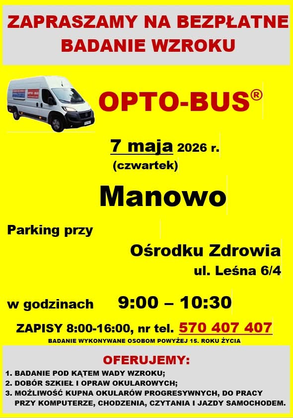 Plakat z zaproszeniem na badania wzroku w Manowie 7 maja 2026