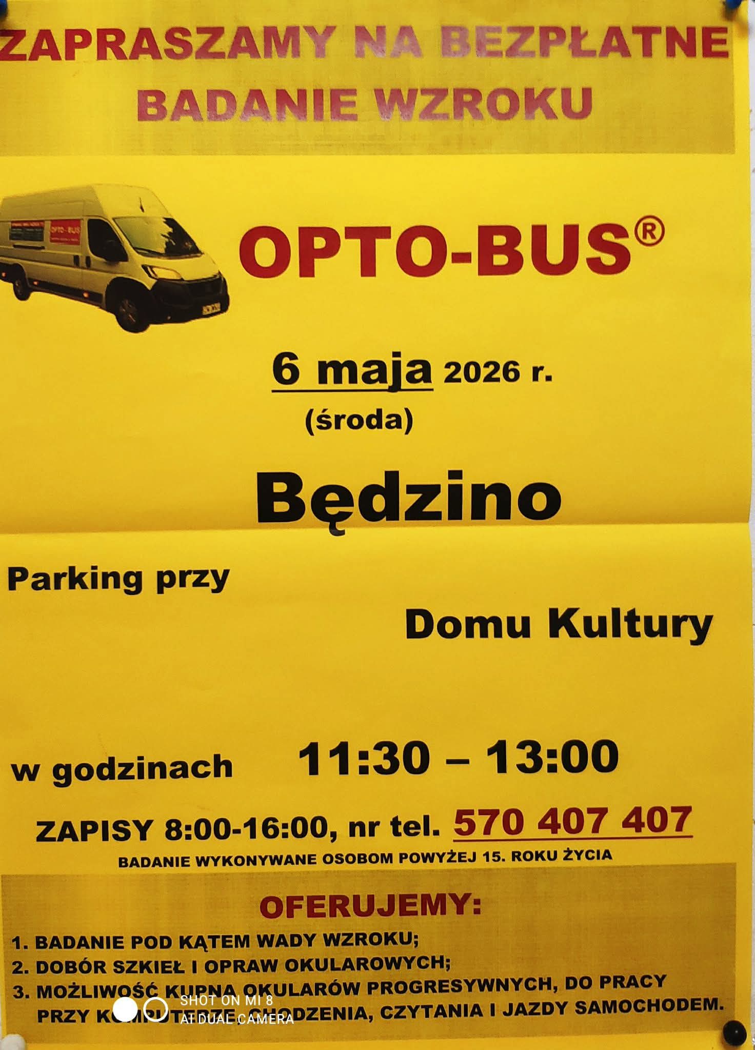 Plakat z zaproszeniem na bezpłatne badanie wzroku opto bus 6 maja 2026 Będzino