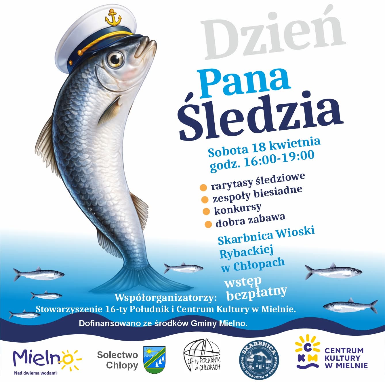 Plakat z zaproszeniem na dzień pana śledzia 18 kwietnia 2026 Chłopy