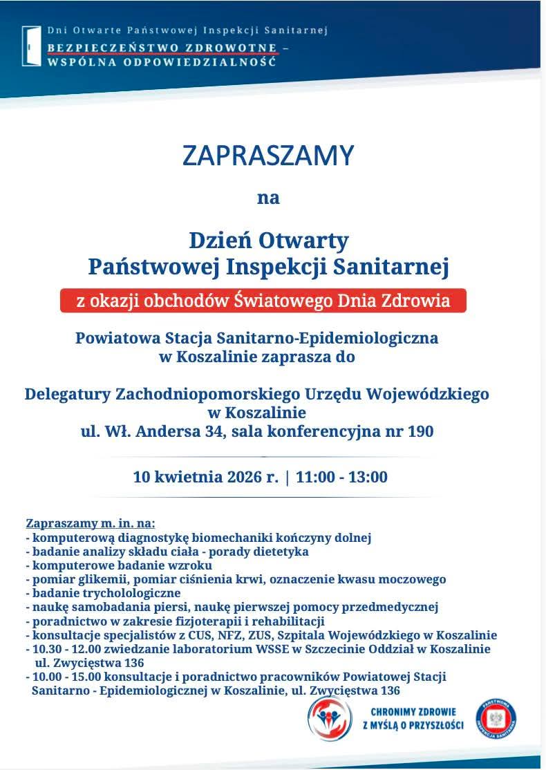 Plakat z zaproszeniem na dzień otwarty Państwowej Inspekcji Sanitarnej w Koszalinie 10 kwietnia 2026