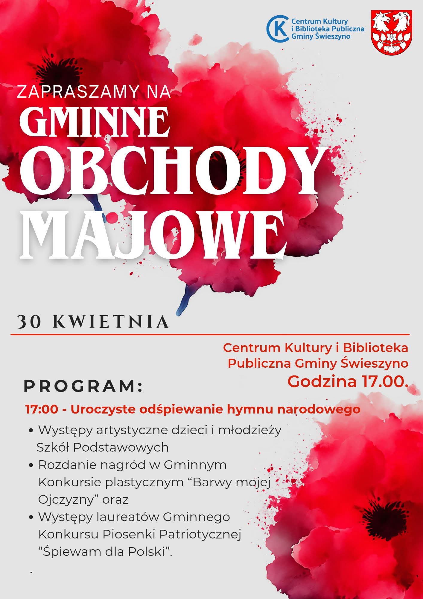 Plakat z zaproszeniem na gminne obchody majowe 30 kwietnia 2026 w Świeszynie