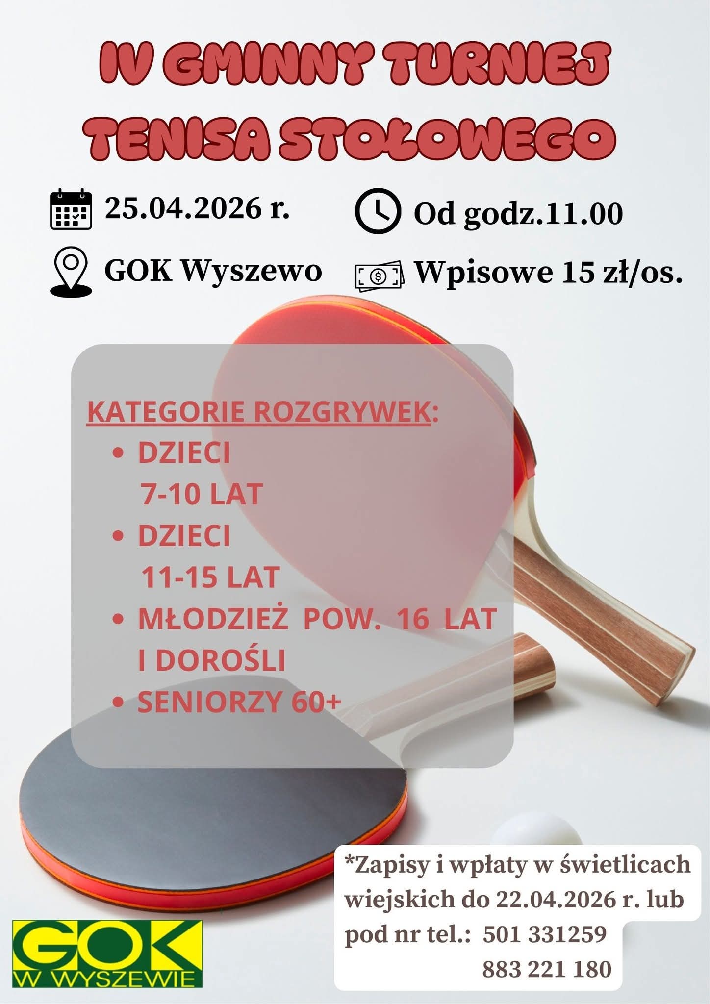 Plakat z zaproszeniem na gminny turniej tenisa stołowego w Wyszewie 25 kwietnia 2026