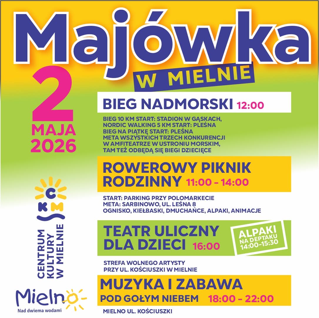 Plakat z zaproszeniem na majówkę w Mielnie 2 maja 2026