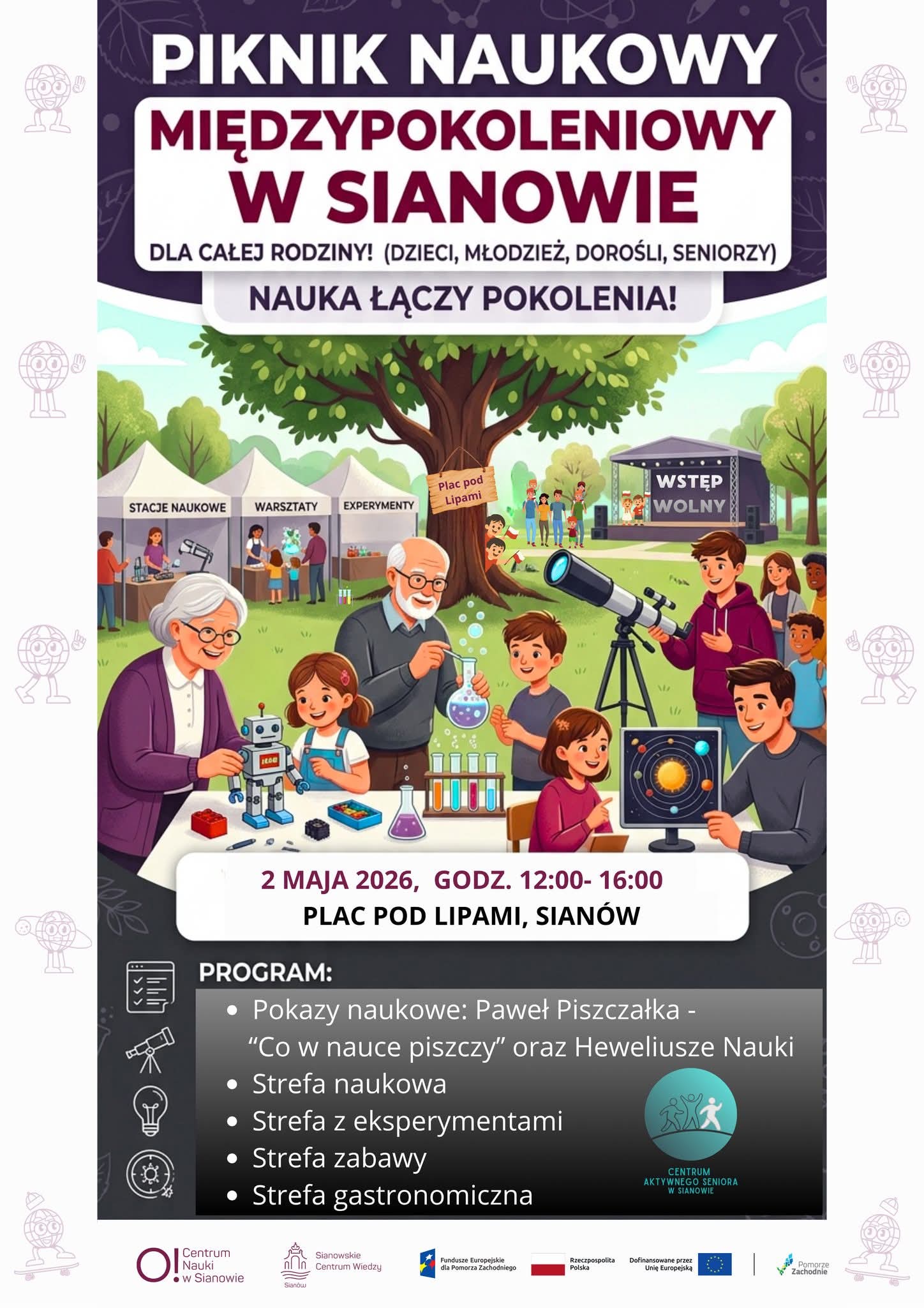 Plakat z zaproszeniem na piknik naukowy w Sianowie 2 maja 2026