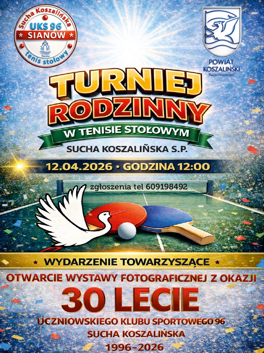 Plakat z zaproszeniem na turniej rodzinny w tenisie stołowym 12 kwietnia 2026 Sucha Koszalińska