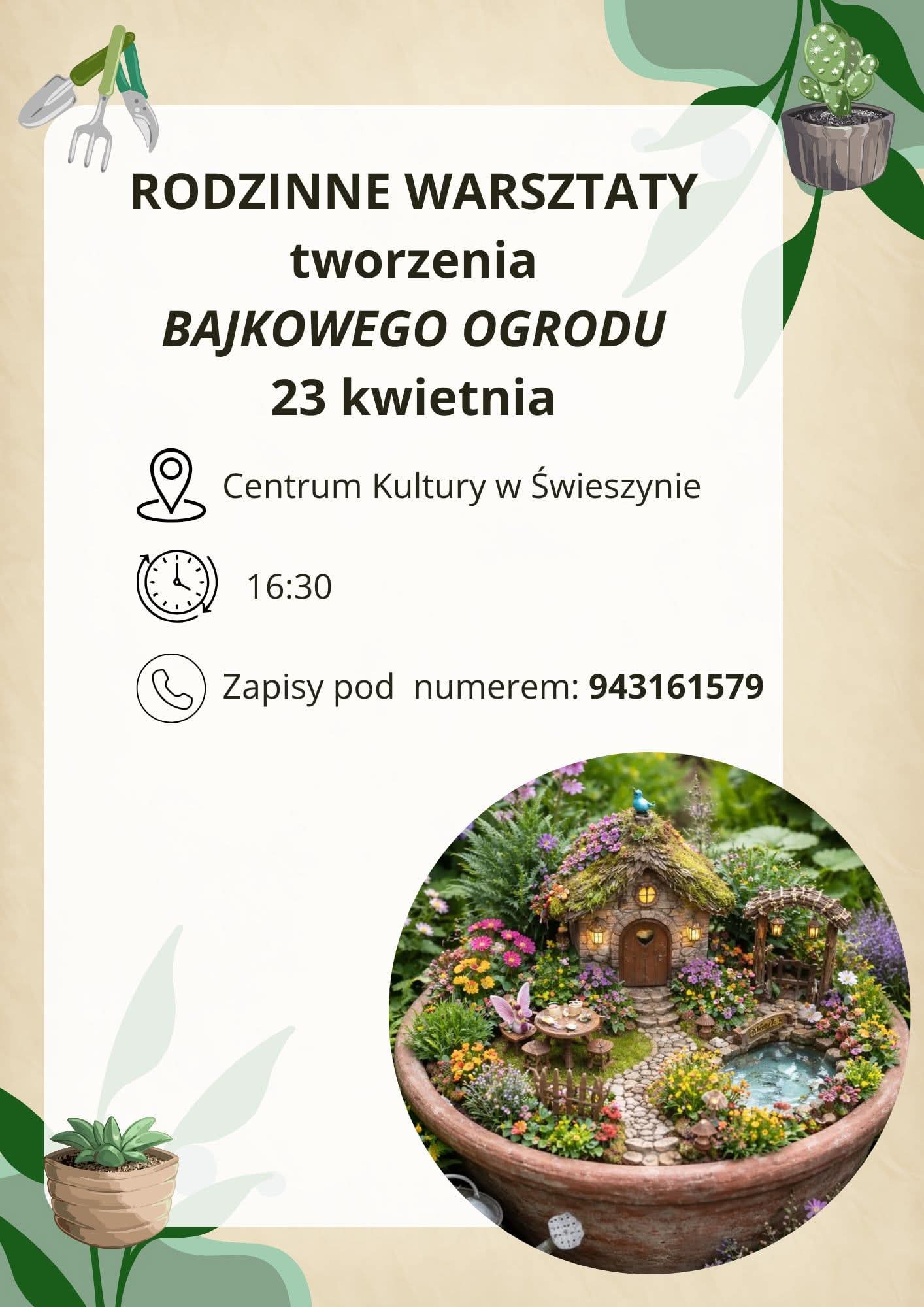 Plakat z zaproszeniem na warsztaty tworzenia bajkowego ogrodu 23 kwietnia 2026 w Świeszynie