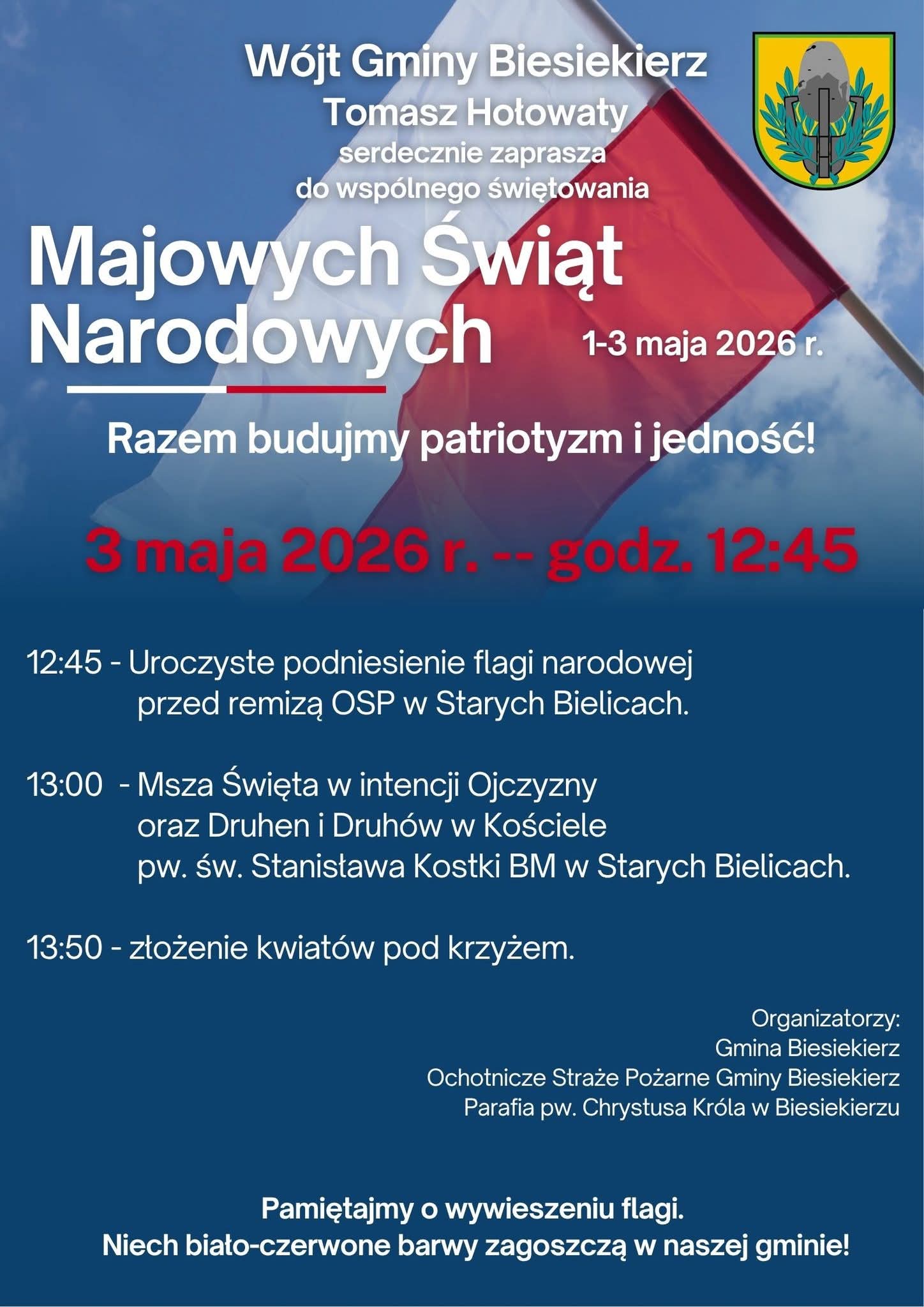 Plakat z zaproszeniem na wspólne świętowanie majowych świąt narodowych w Biesiekierzu