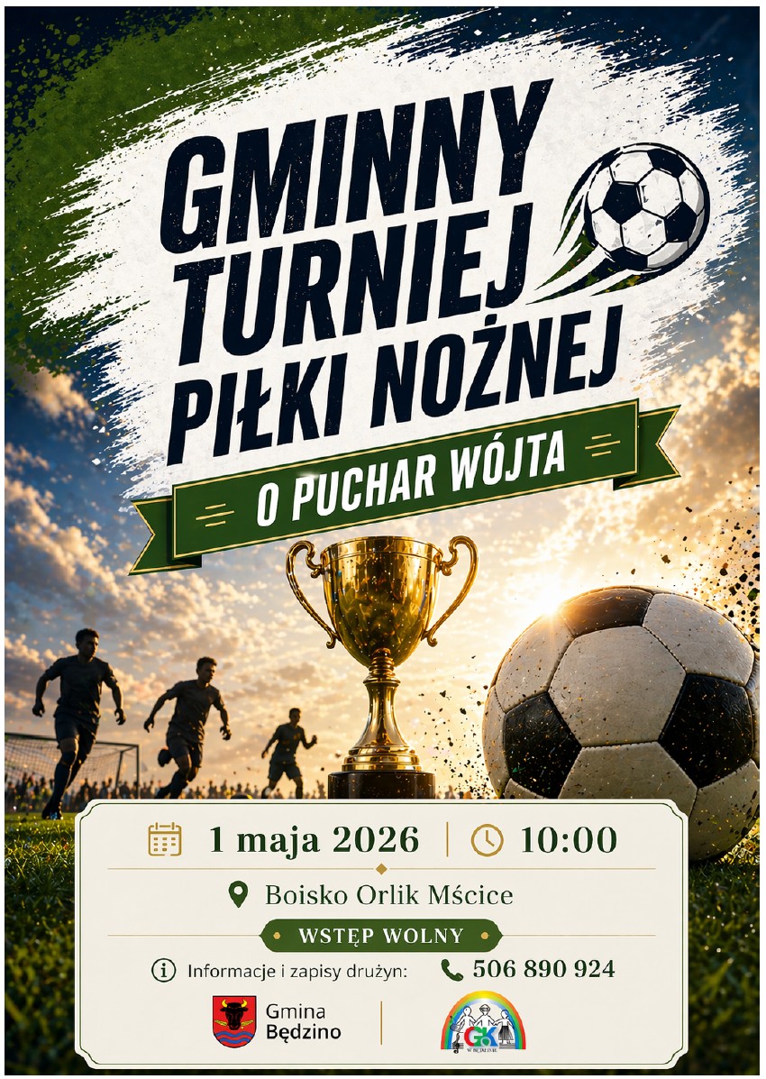 Plakat z zaproszeniem na gminny turniej piłki nożnej 1 maja 2026 Będzino