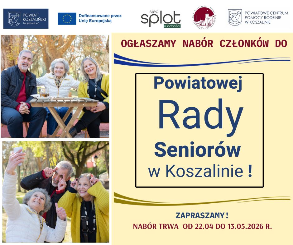Grafika z elementem informującym o naborze do powiatowej radzie seniorów w Koszalinie