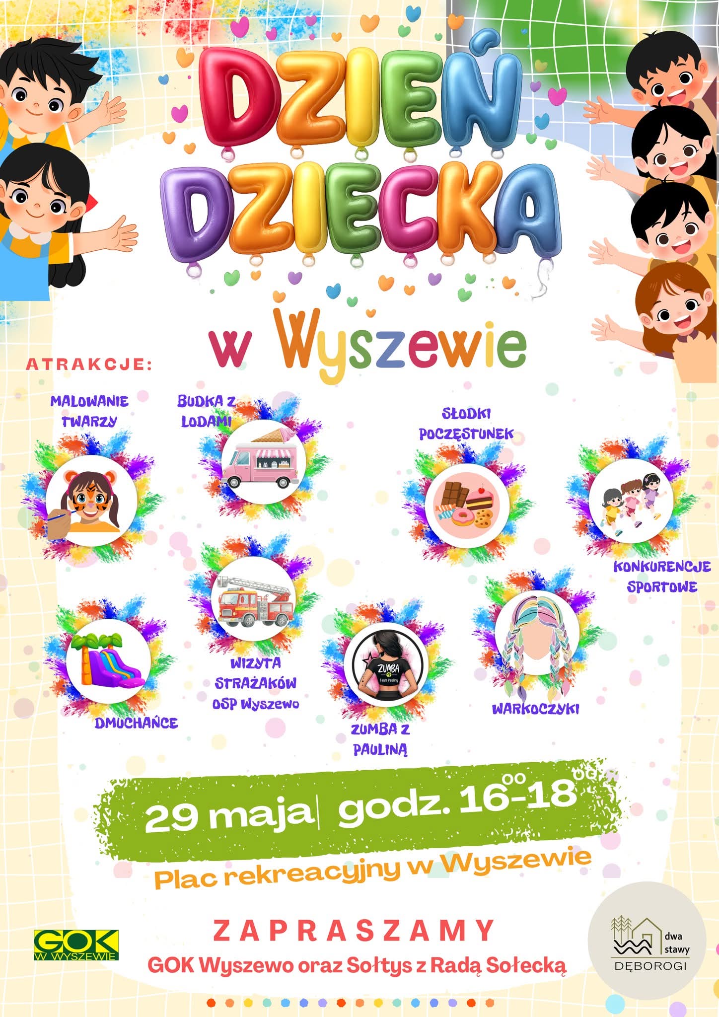 Plakat z zaproszeniem na Dzień Dziecka w Wyszewie 29 maja 2026