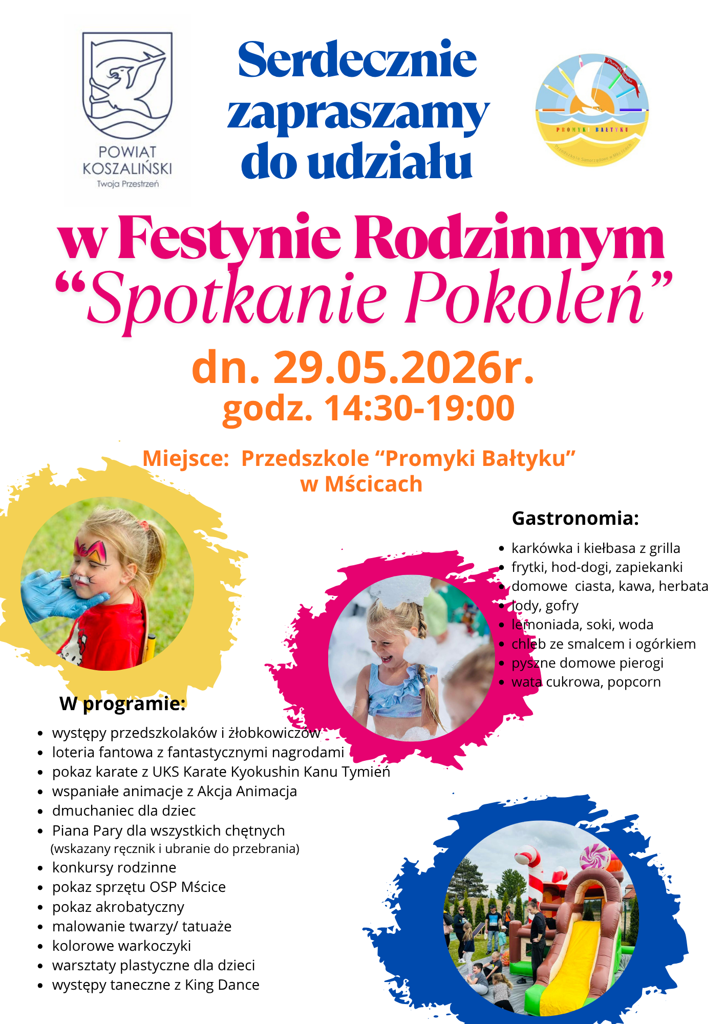 Plakat z zaproszeniem na Festyn Rodzinny Spotkanie Pokoleń 29 maja 2026 Mścice