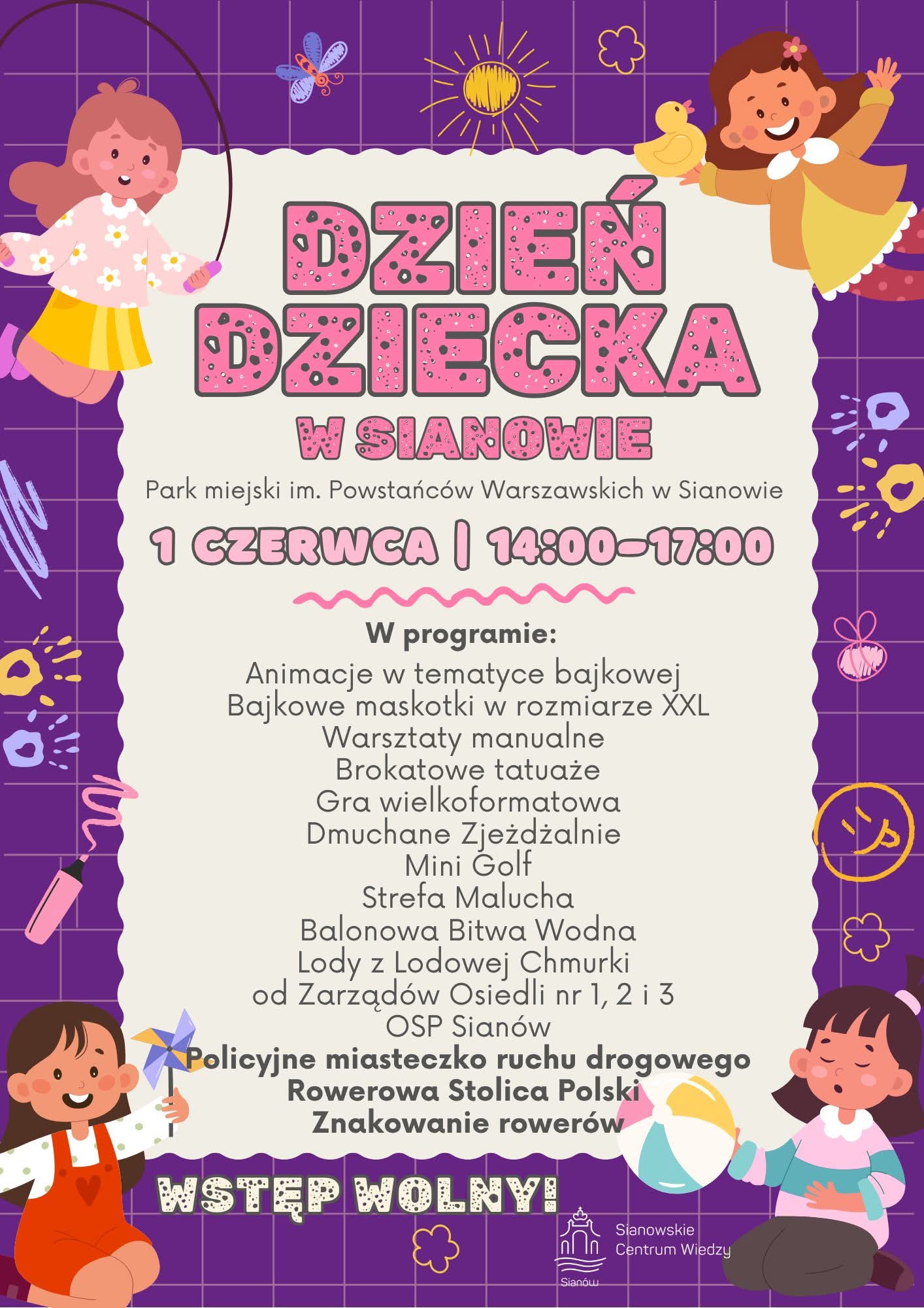 Plakat z zaproszeniem na dzień dziecka w Sianowie 1 czerwca 2026