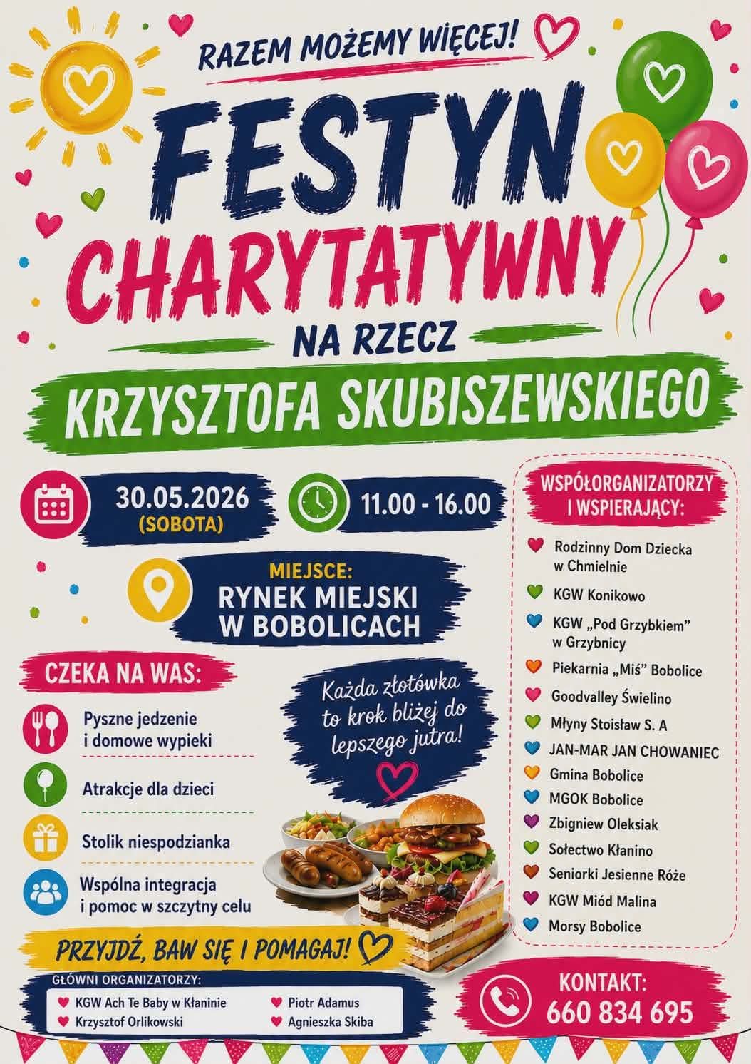 Plakat z zaproszeniem na festyn charytatywny w Bobolicach 30 maja 2026