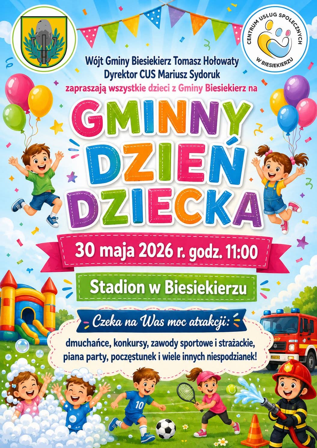 Plakat z zaproszeniem na gminny dzień dziecka w Biesiekierzu 30 maja 2026