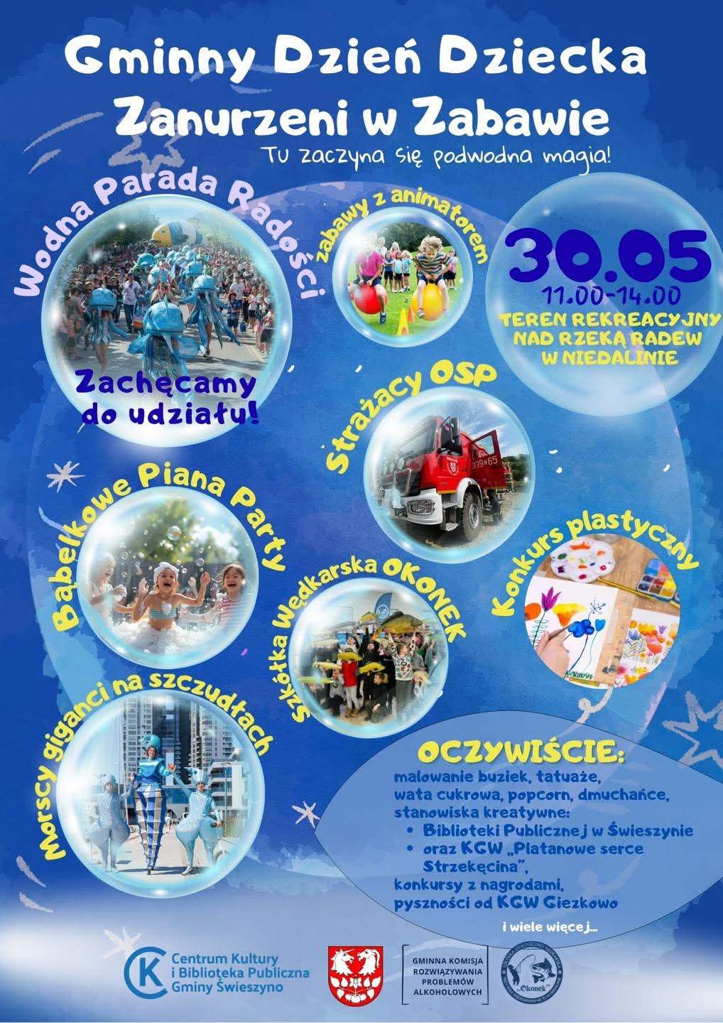 Plakat z zaproszeniem na gminny dzień dziecka zanurzeni w zabawie 30 maja 2026 Niedalino