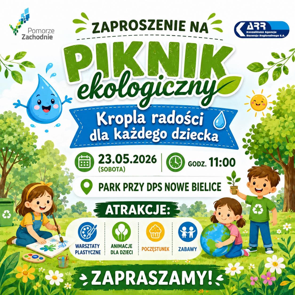 Plakat z zaproszeniem na piknik ekologiczny w Nowych Bielicach 23 maja 2026