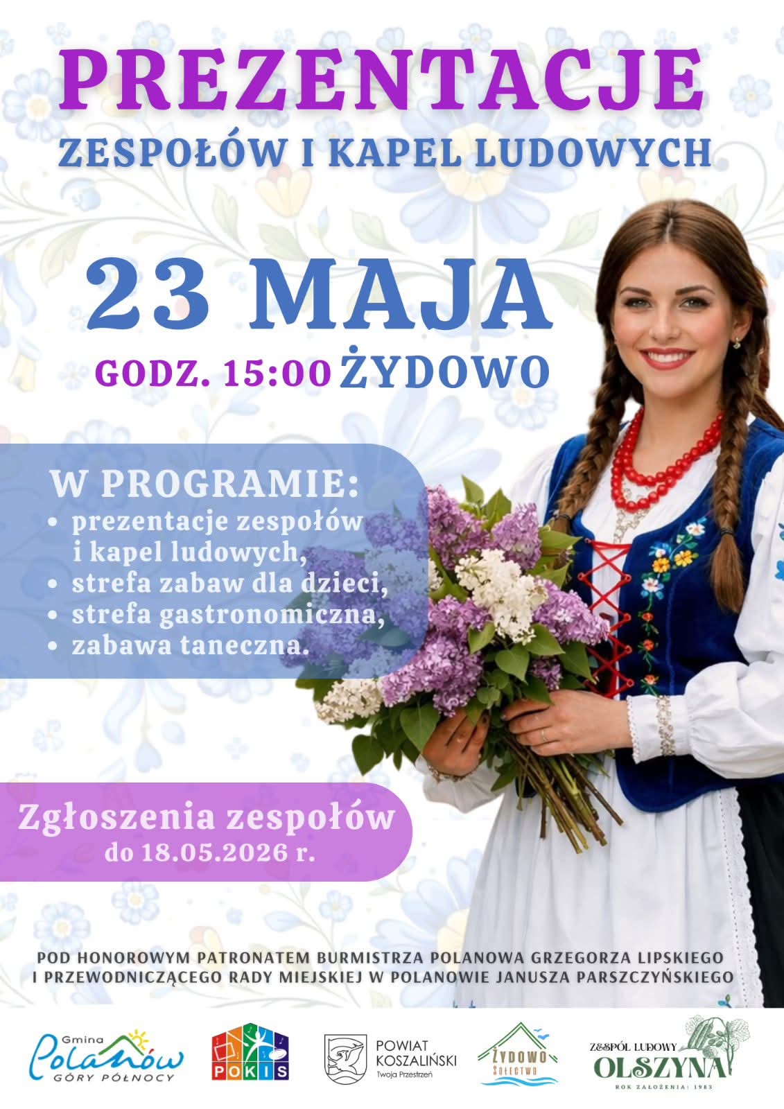 Plakat z zaproszeniem na prezentacje zespołów i kapel ludowych w Żydowie 23 maja 2026