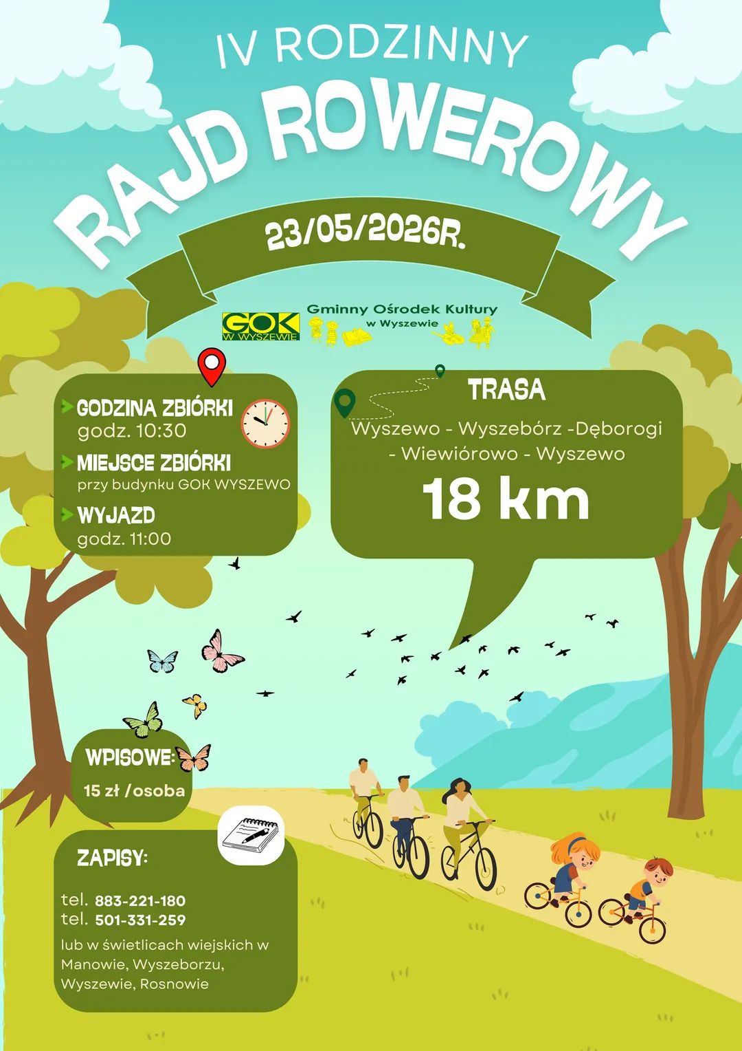 Plakat z zaproszeniem na rajd rowerowy na terenie gminy Manowo 23 maja 2026