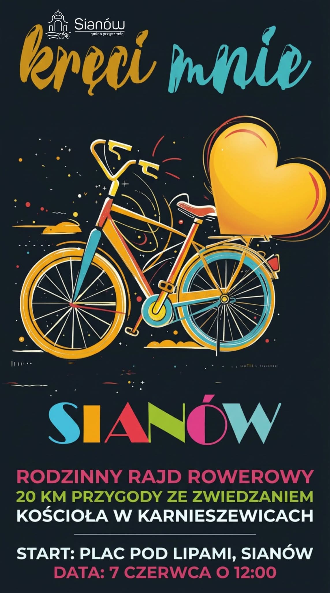 Plakat z zaproszeniem na rodzinny rajd rowerowy w Sianowie 7 czerwca 2026