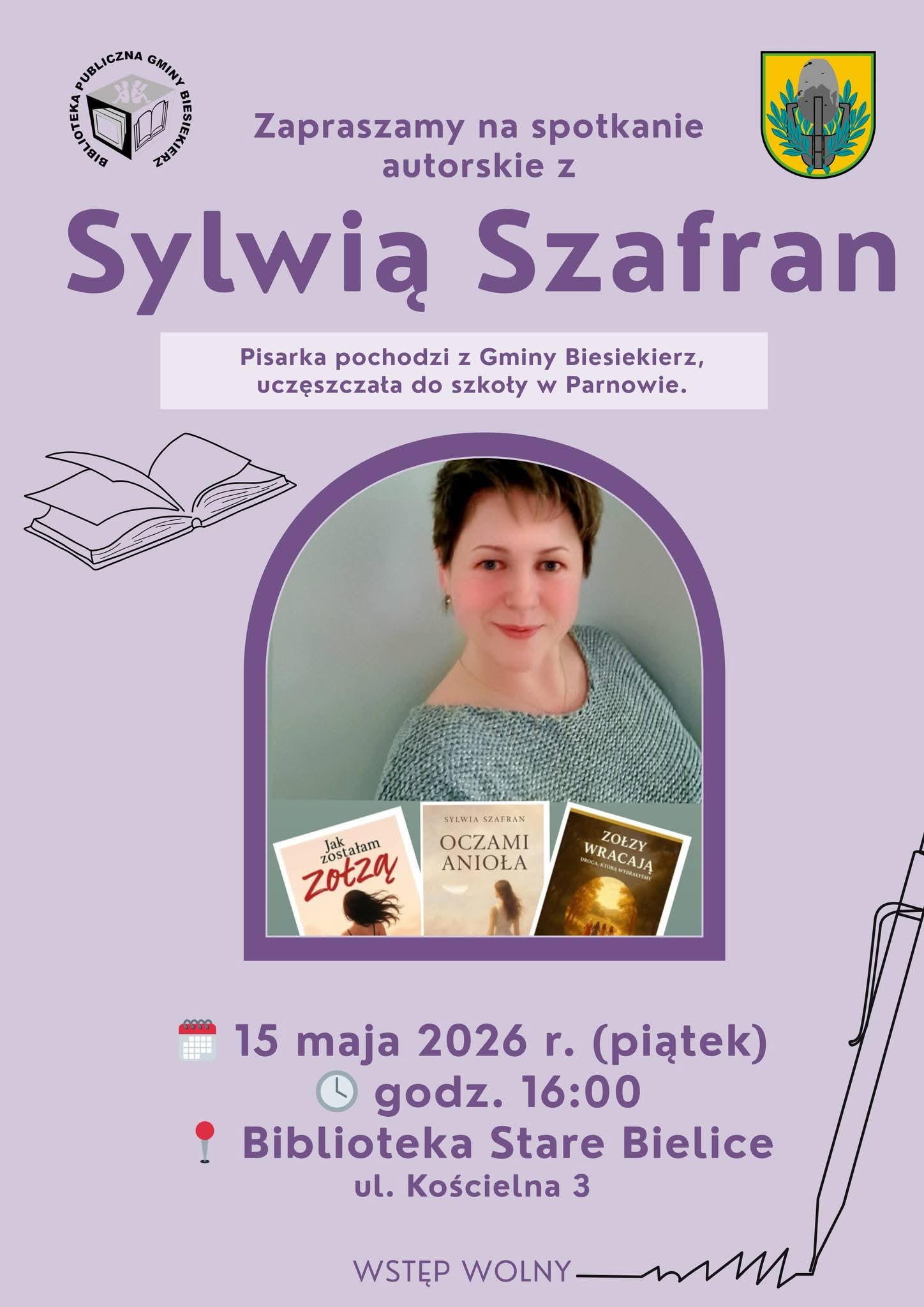Plakat z zaproszeniem na spotkanie autorskie z Sylwią Szafran w bibliotece w Starych Bielicach 15 maja 2026