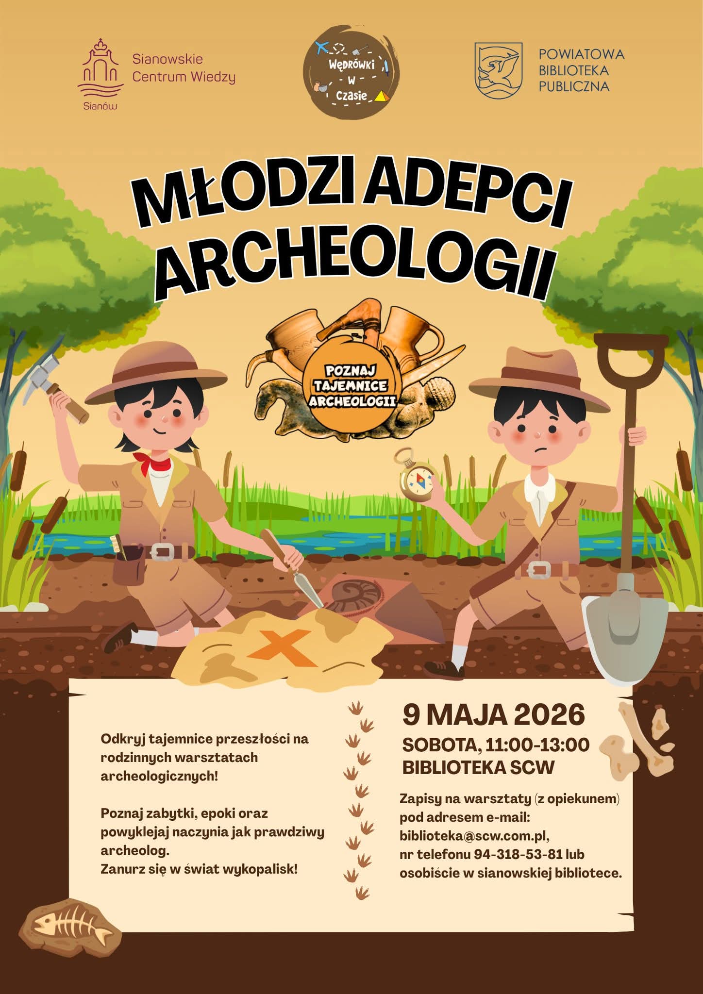 Plakat z zaproszeniem na warsztaty archeologiczne w Sianowie 9 maja 2026