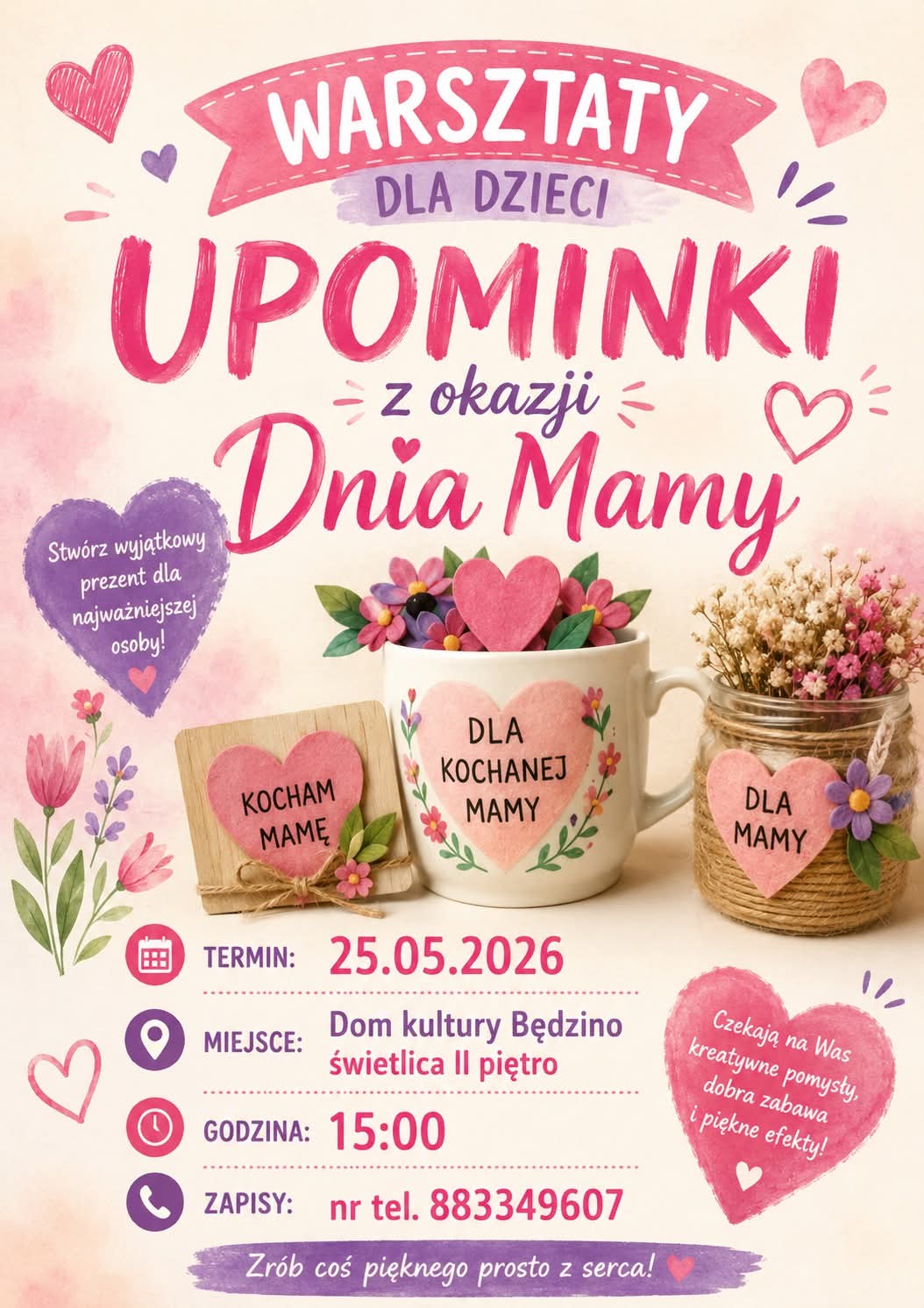 Plakat z zaproszeniem na warsztaty dla dzieci 25 maja 2026 Będzino