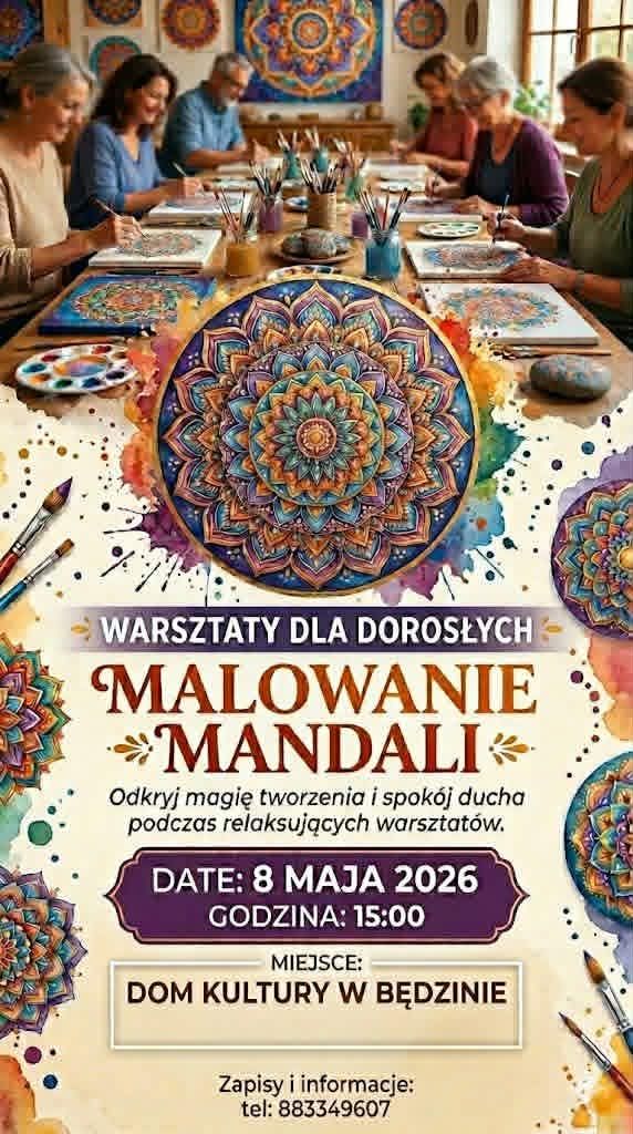 Plakat z zaproszeniem na warsztaty malowania mandali w Będzinie 8 maja 2026