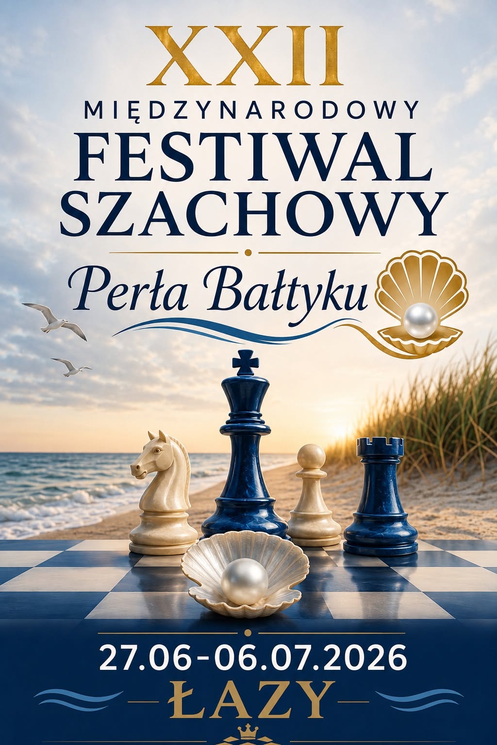 Plakat z zaproszeniem na 22 Międzynarodowy Festiwal Szachowy Perła Bałtyku 27.06_06.07.2026 ŁAZY