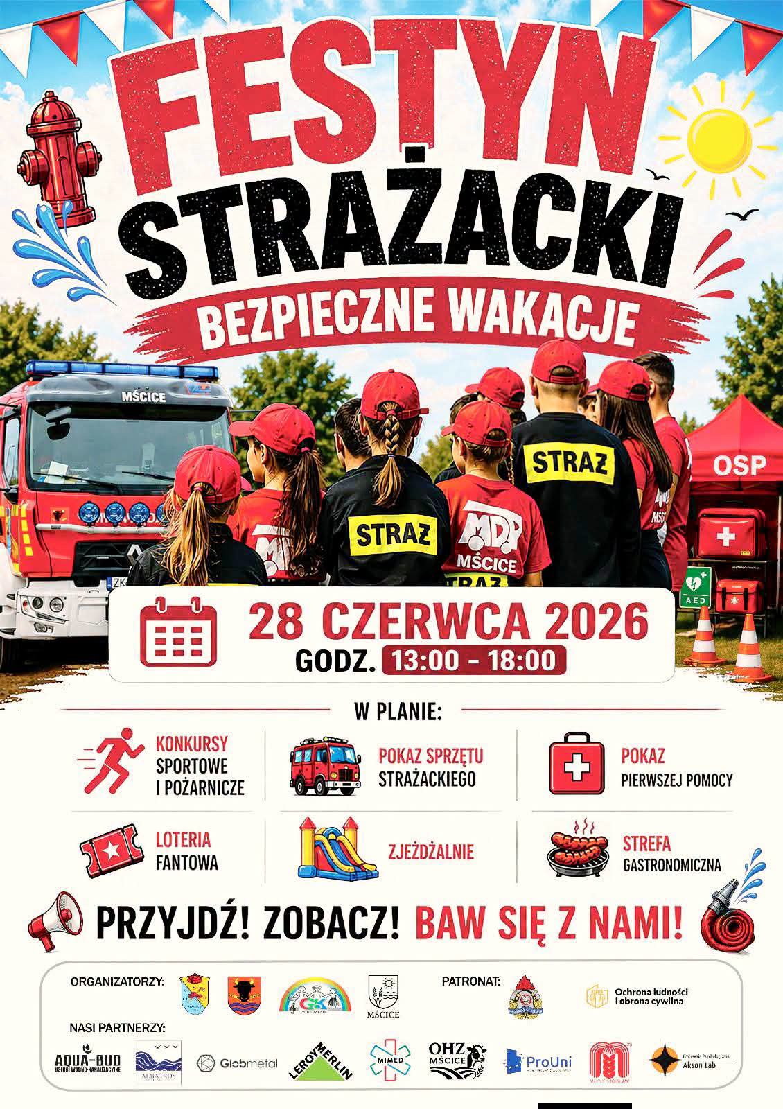 Plakat z zaproszeniem na Festyn Strażacki 28 czerwca 2026 Mścice