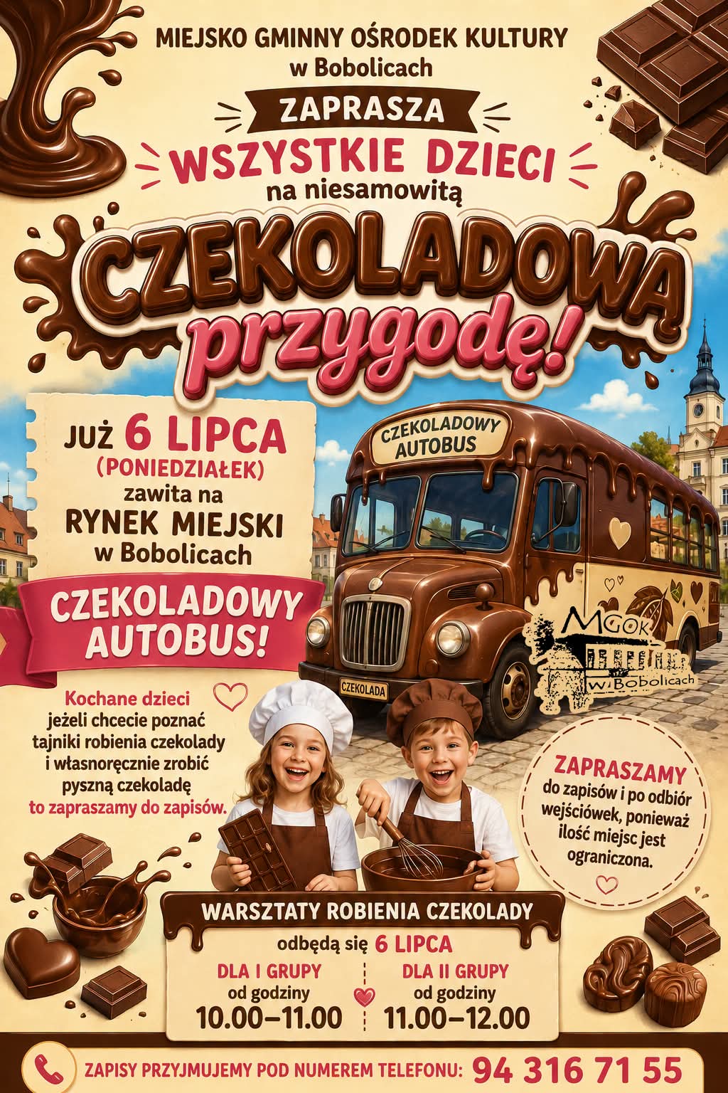 Plakat z zaproszeniem na czekoladową przygodę w Bobolicach 6 lipca 2026