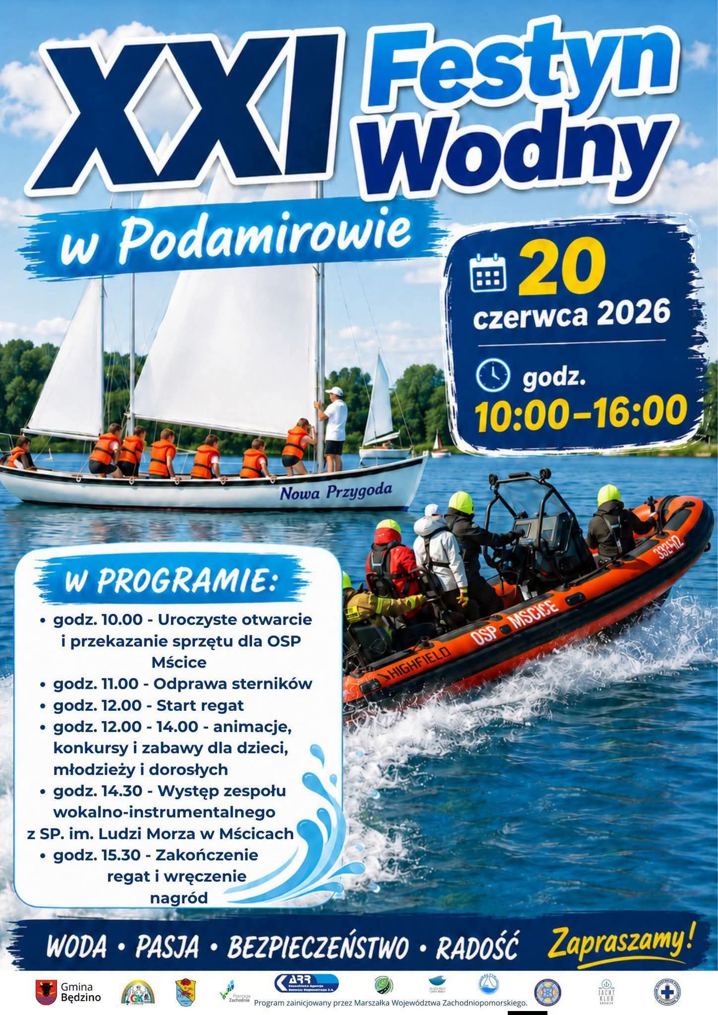 Plakat z zaproszeniem na festyn wodny w Podamirowie 20 czerwca 2026