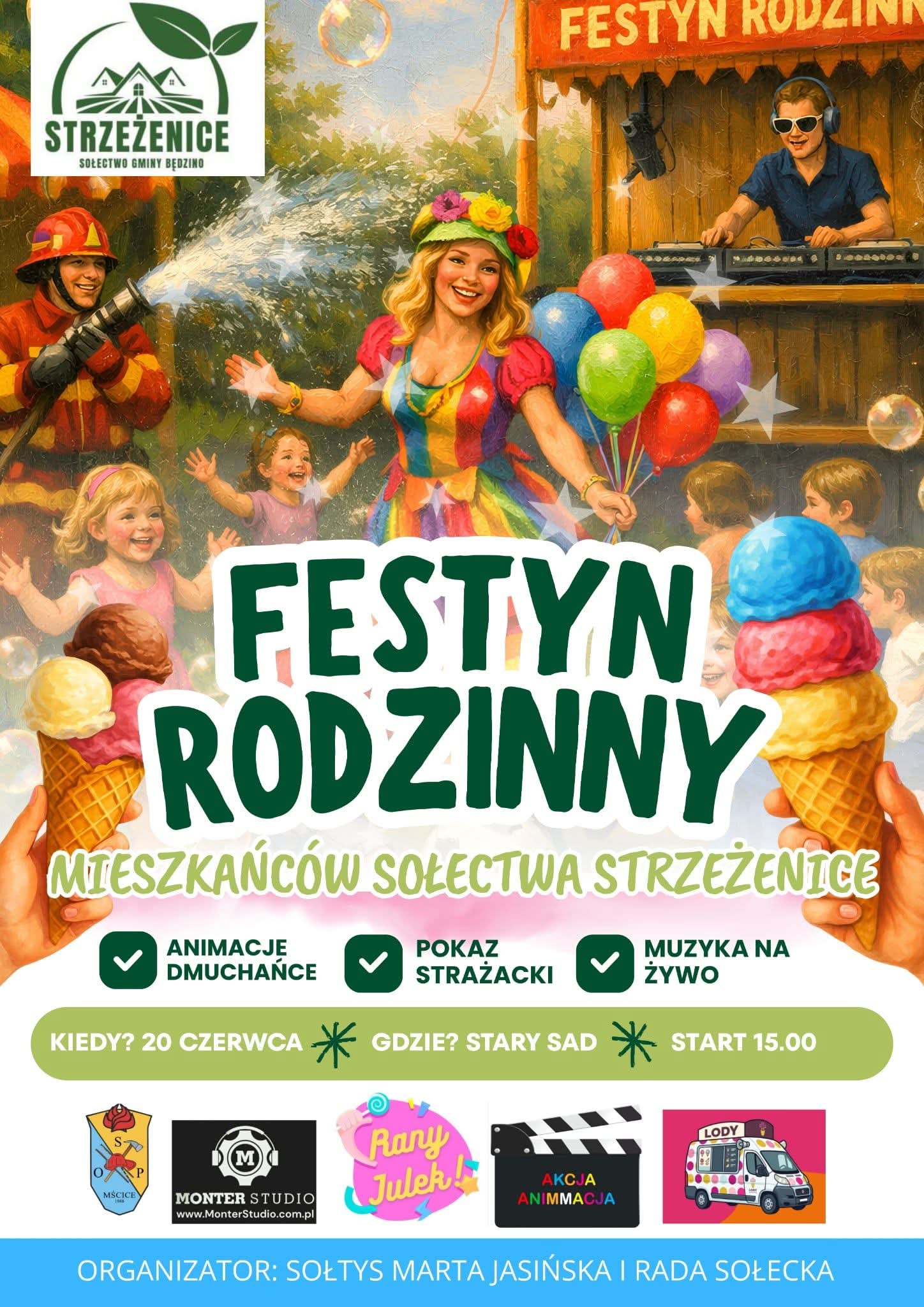 Plakat z zaproszeniem na festyn rodzinny w Strzeżenicy 20 czerwca 2026