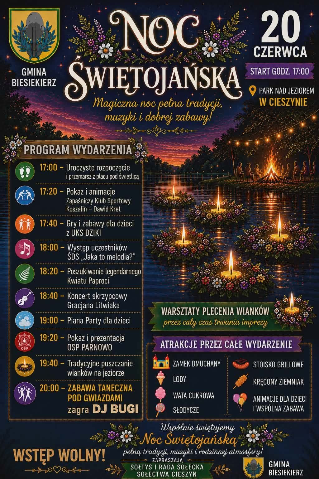 Plakat z zaproszeniem na noc świętojańską w Cieszynie, gmina Biesiekierz 20 czerwca 2026