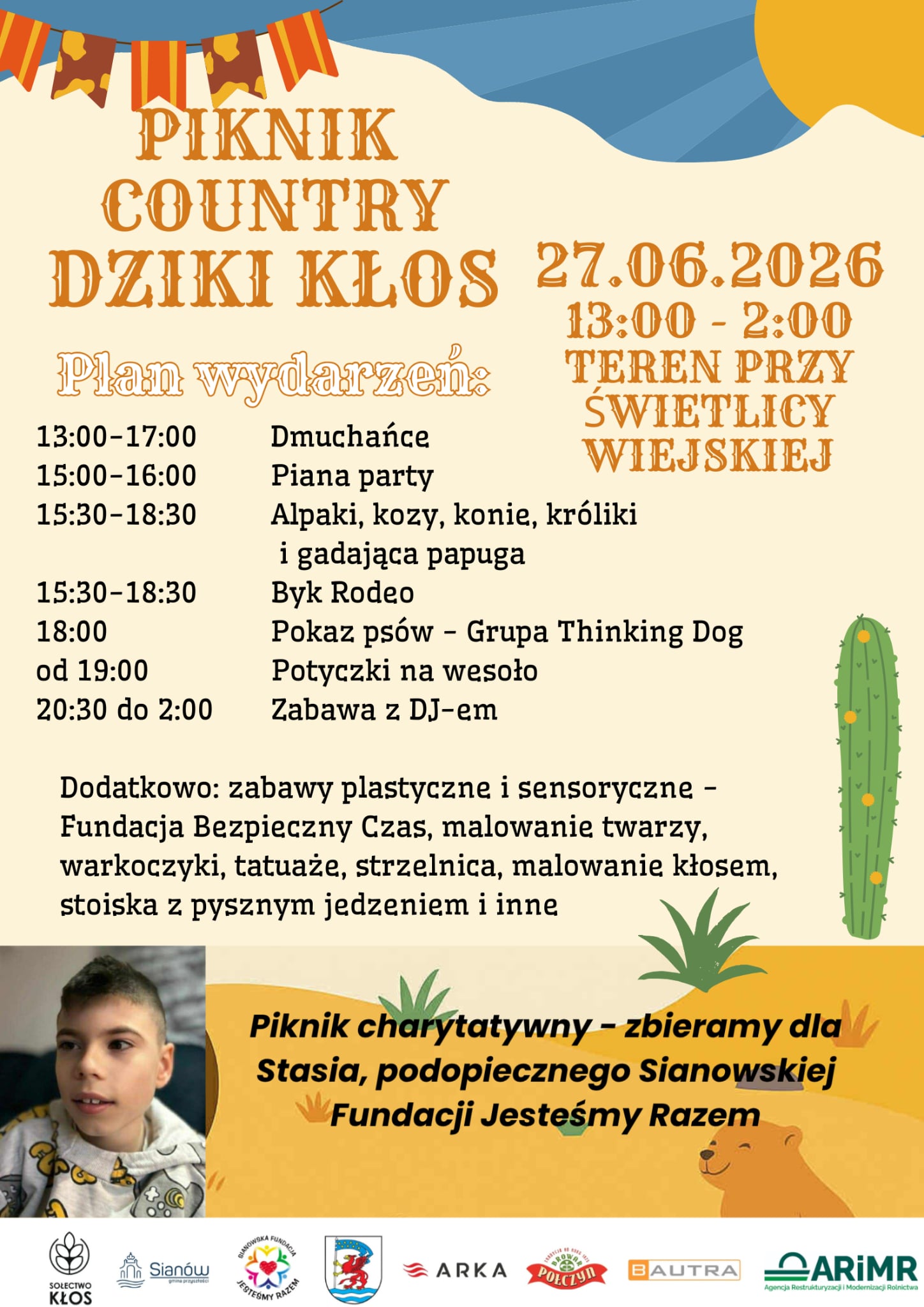 Plakat z zaproszeniem na piknik country w Kłosie 27 czerwca 2026