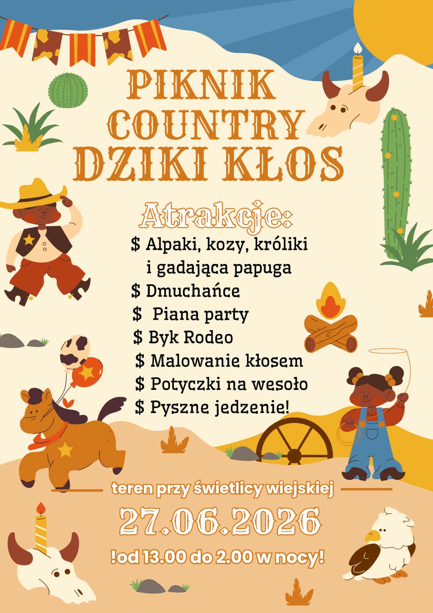 Plakat z zaproszeniem na piknik country w Kłosie 27 czerwca 2026