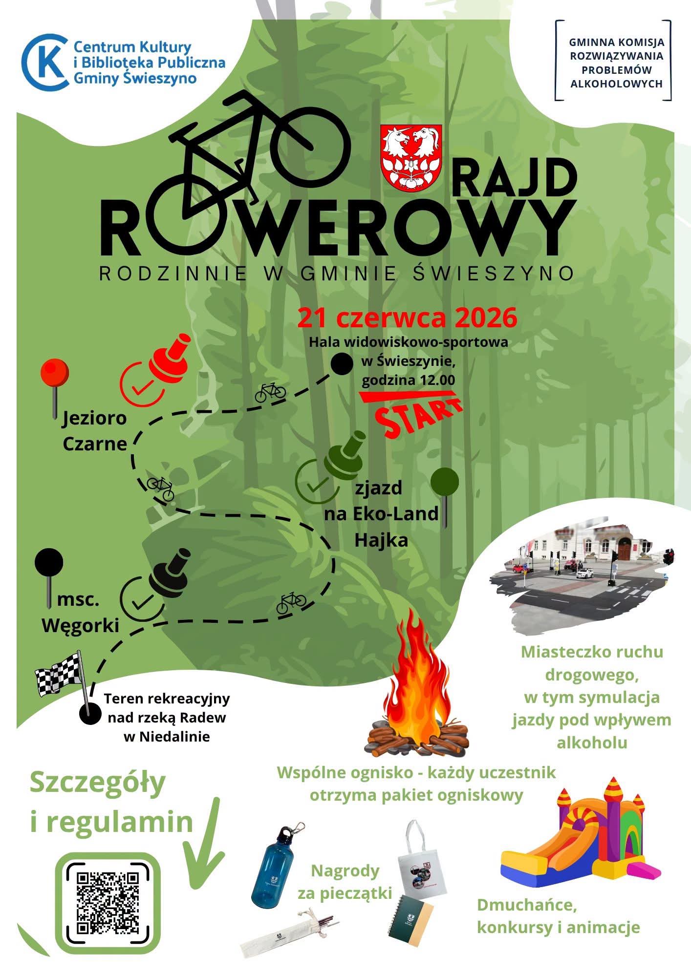 Plakat z zaproszeniem na rajd rowerowy w Świeszynie 21 czerwca 2026