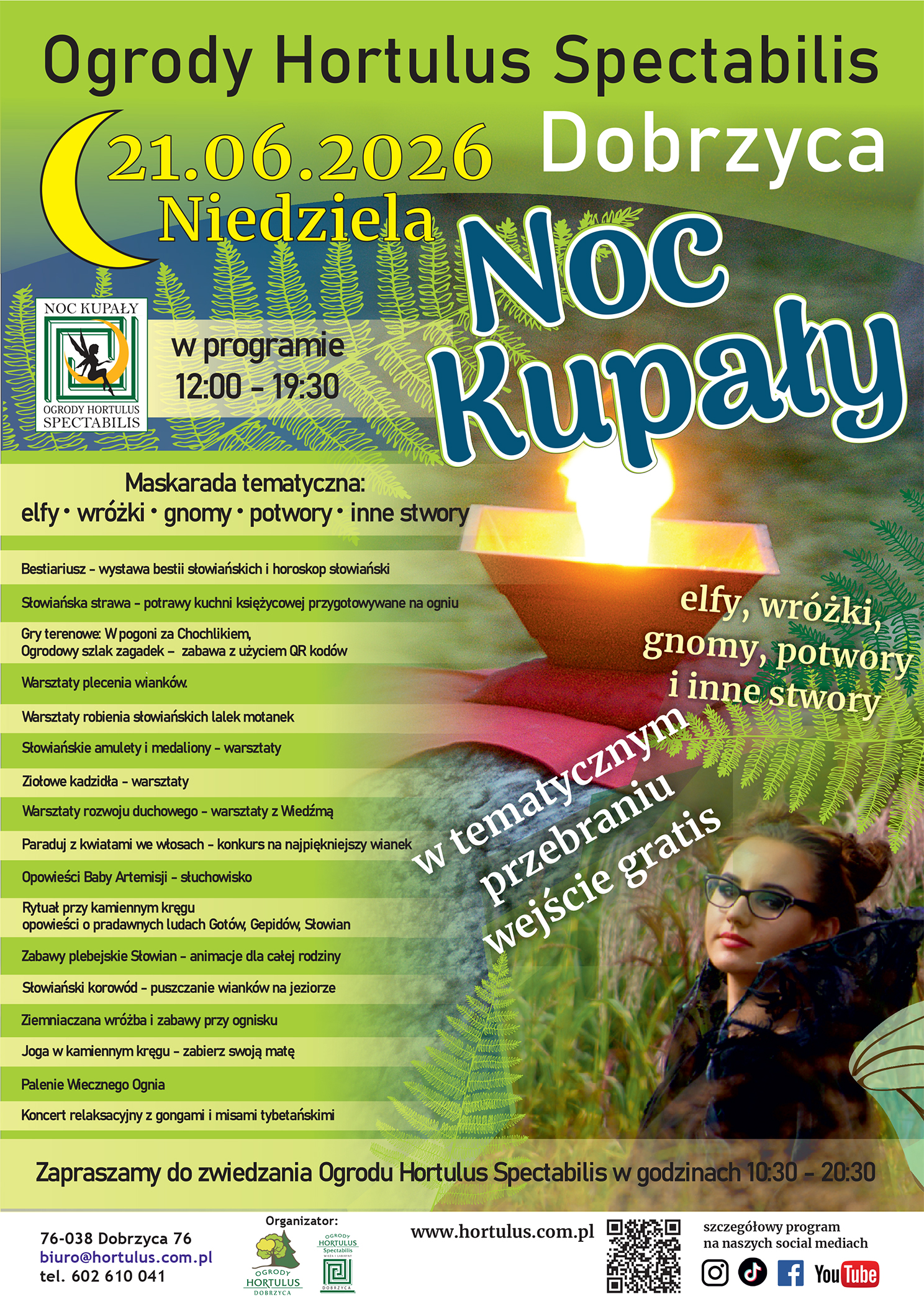 plakat z zaproszeniem na noc kupały 21.06.2026 Ogrody Hortulus Dobrzyca