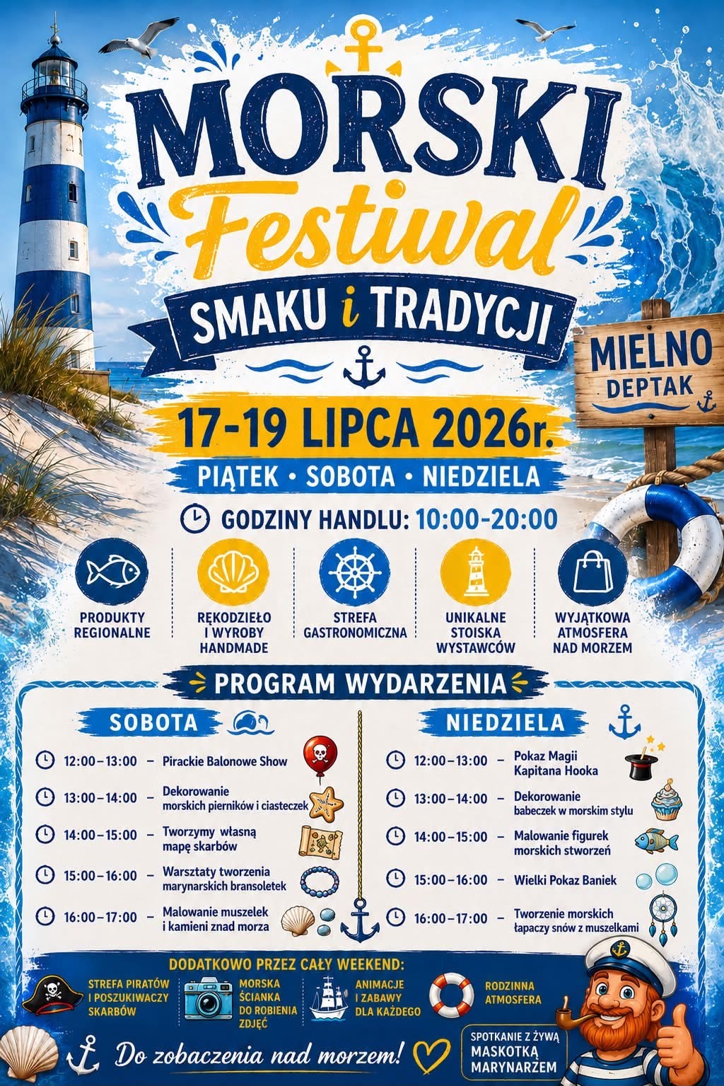 Plakat z zaproszeniem na morski festiwal smaku i tradycji 17 do 19 lipca w Mielnie